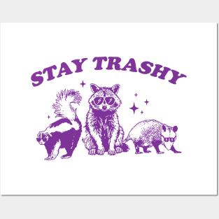 Stay Trashy Funny Meme Graphic T-Shirt, Retro Unisex Adult Tshirt, Vintage Raccoon Opossum Skunk Shirt, Nostalgia Posters and Art